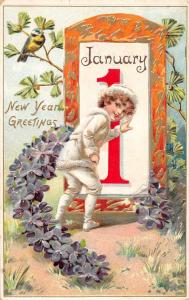 New Year Greetings Child Flowers Horseshoe Bird Tuck Antique Postcard J66336