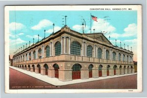 Kansas City MO-Missouri Convention Hall, Flag Street View Vintage c1930 Postcard