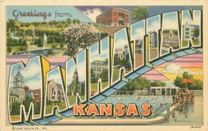 Kansas Manhattan large letters multi View Wolf Teich 1940s Postcard 22-2851