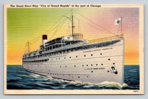 Linen Postcard SS City of Grand Rapids Great Lakes Ship Chicago C&B Transit