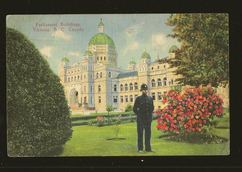 Postmarked 1938 Parliament Buildings Victoria BC Linen Postcard