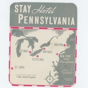 1930's-40's Hotel Pennsylvania Detroit Cleveland Luggage Label Poster Stamp B6 