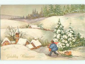 Pre-1980 new year foreign GIFTS BEING PULLED BY TOBOGGAN SLED J4711