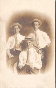 RPPC Three Handsome Men Boater Hat Gatsby Style Well Dressed Studio Postcard X8