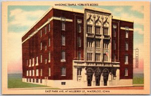 Masonic Temple York Rite Bodies East Park Avenue Waterloo Iowa IA Postcard