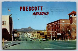 Prescott Arizona~Gurley St~Valley Natl Bank~Flag~Thumb Butte Mt~1962 Postcard