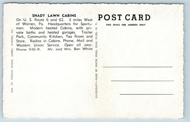 Postcard PA Warren Shady Lawn Cabins c1940s S15