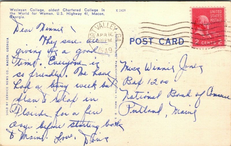 Vtg Macon Georgia GA Wesleyan Womens College 1940s Linen Postcard