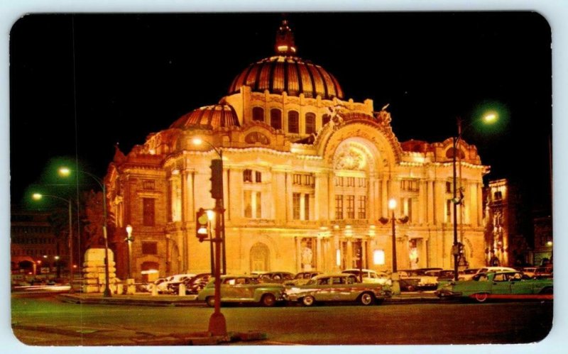MEXICO CITY ~ Night View PALACIO de las BELLAS ARTES 1950s Cars  Postcard