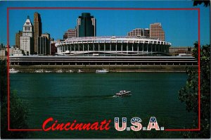 Cincinnati Ohio Riverfront Stadium Reds Bengals Skyline Boats USA Postcard CE16