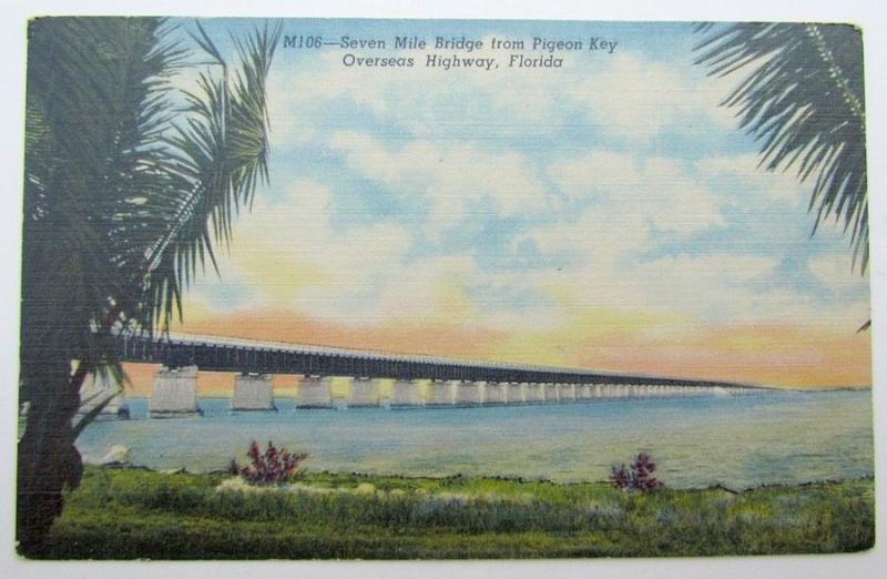 VINTAGE LINEN POSTCARD SEVEN MILE BRIDGE PIGEON KEY OVERSEAS HIGHWAY FLORIDA