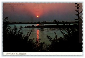 1983 Towboat On The Mississippi Vintage Postcard Continental View Card Night 