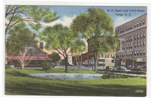 NP Railroad Depot & Front Street Fargo North Dakota linen postcard