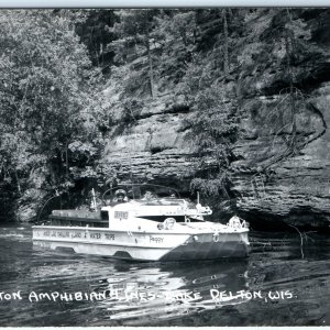 c1950s Lake Delton, Wis RPPC Peggy the Duck Boat Captain in Canyon WI A70