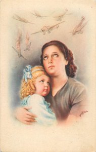 Italian illustrator A. Collino patriotic mother and child aircraft WWII postcard