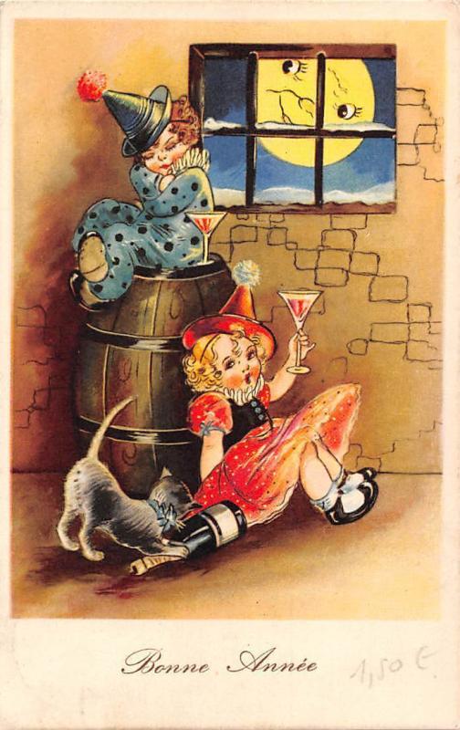 Bonne Annee New Year Comic Humanized Moon Humour Celebration Jester 1942 Hippostcard