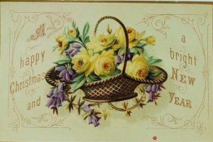 1870's-80's Embossed Victorian Christmas & New Years Trade Card Yellow Roses P66