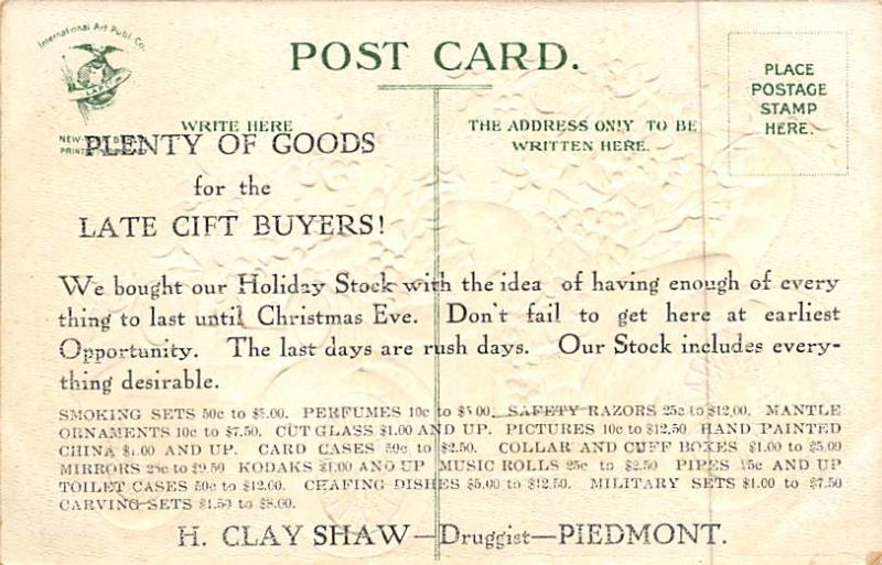 advertising on back H. Clay Shaw Druggist Artist Ellen Clapsaddle Christmas U...