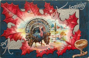 Nash Embossed Thanksgiving Postcard Ser.5 Red Oak Leaf Vignette, Turkey Unposted