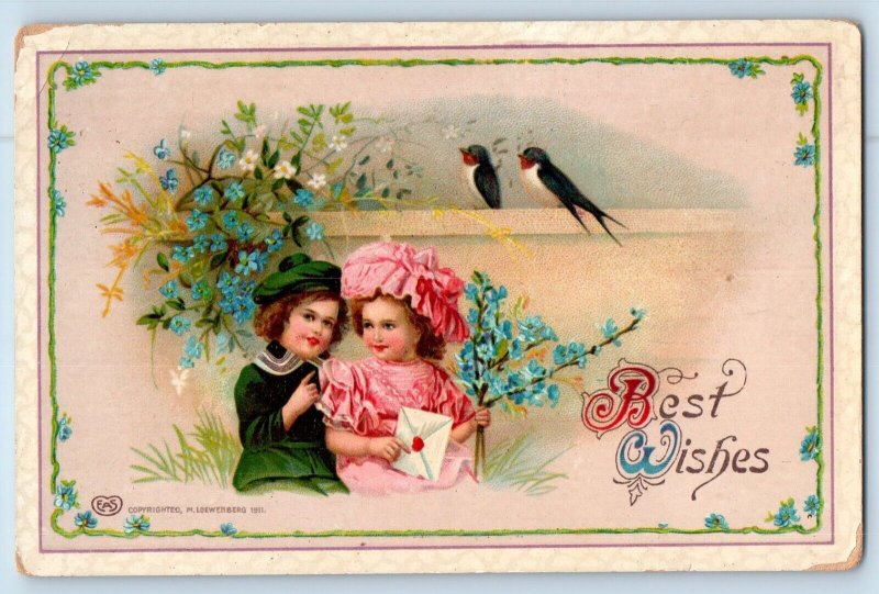 Loewenberg Signed Artist Postcard Best Wishes Children Flowers Birds c1910's