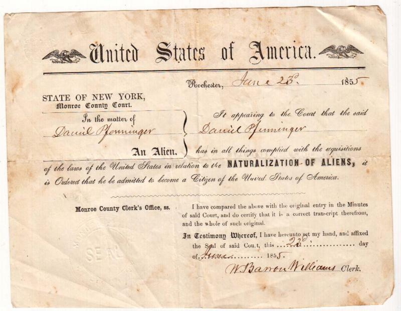 1855 Naturalization of Aliens, David Pfenninger