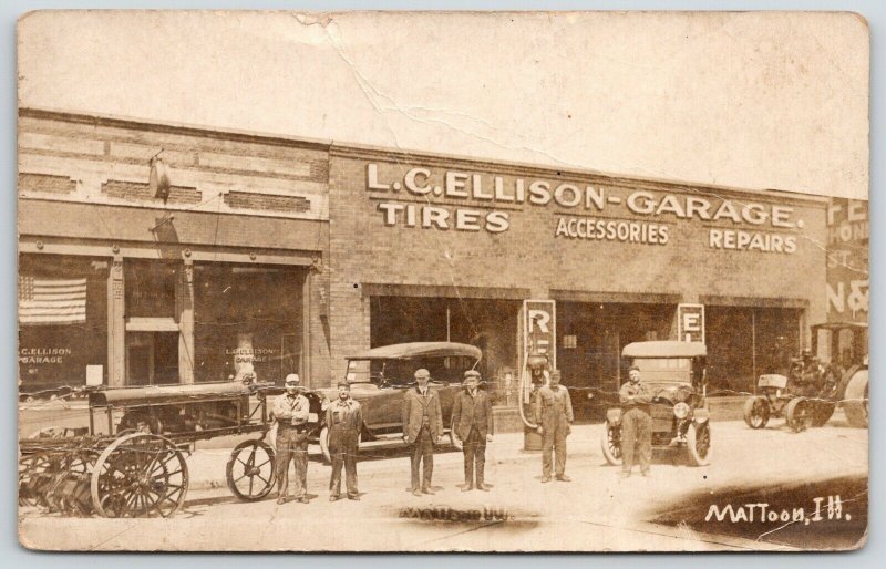 Mattoon Illinois~LC Ellison Garage~Autos & Mechanics Out Front~Repairs~1910 RPPC 