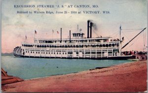 Postcard Excursion Steamer J.S. at Canton MO burned at Victory WI