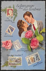 FRANCE Stamps on Postcard Language of Stamps Man Lady & Flowers Unused c1959