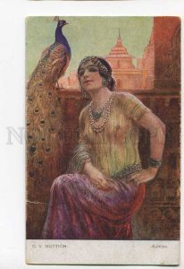 3046161 Semi-Nude BELLY DANCER & PEACOCK by MUTTICH vintage PC