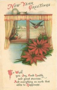 Greetings Card, New Year, Birds in Window, Red Flowers, No. 210