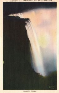 Vintage Postcard 1930's American Falls Goat Isle By Illumination Niagara Falls