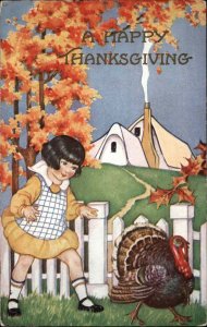 Whitney Thanksgiving Little Girl Tries to Catch Turkey Vintage Postcard