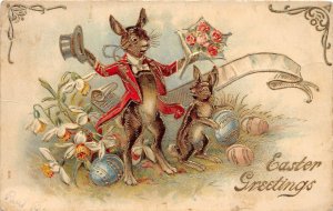 G49/ Easter Day Love Holiday Postcard c1910 Gilded Gold Dressed Rabbit 2 