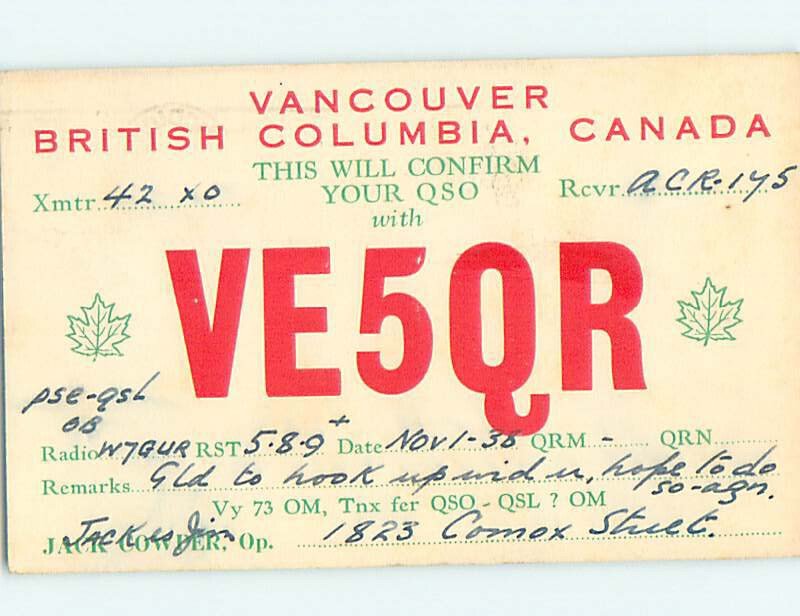 1930s QSL RADIO CARD Vancouver British Columbia BC AH3153