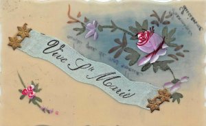 VIVE STE MARIE RIBBON BANNER~STARS-FLOWES-OPAQUE MATERIAL~FRENCH POSTCARD