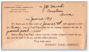 Chicago Illinois IL Creston IA Postal Card Steward Food Company 1917 Posted