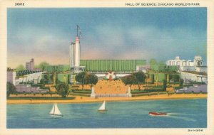 1933 Chicago Expo Hall of Science Across Lagoon, Sailboats Linen Postcard