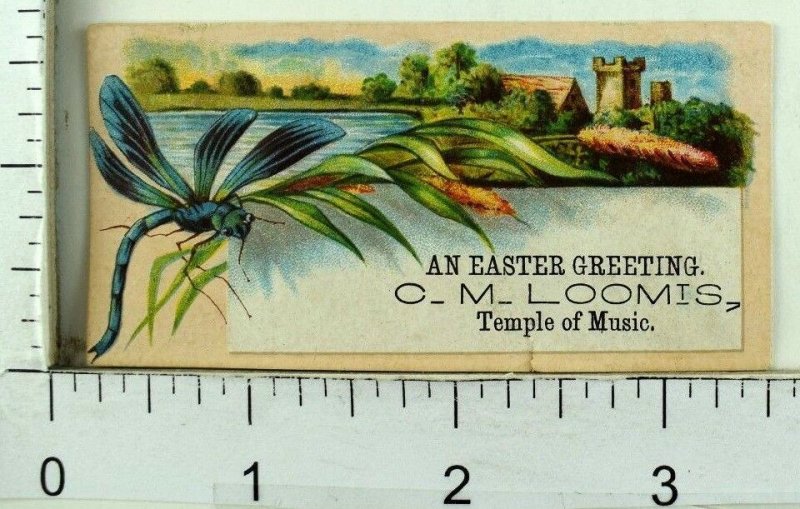 1870's C.M. Loomis Temple of Music, Easter Greetings Dragonfly Insect Card F99 