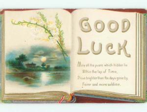 Pre-Linen GOOD LUCK IN BIG LETTERS IN BOOK ON POSTCARD J3415