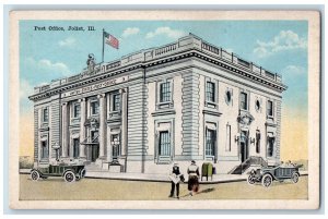 c1920's Post Office Building Steps Entrance Classic Cars Flag Joliet IL Postcard