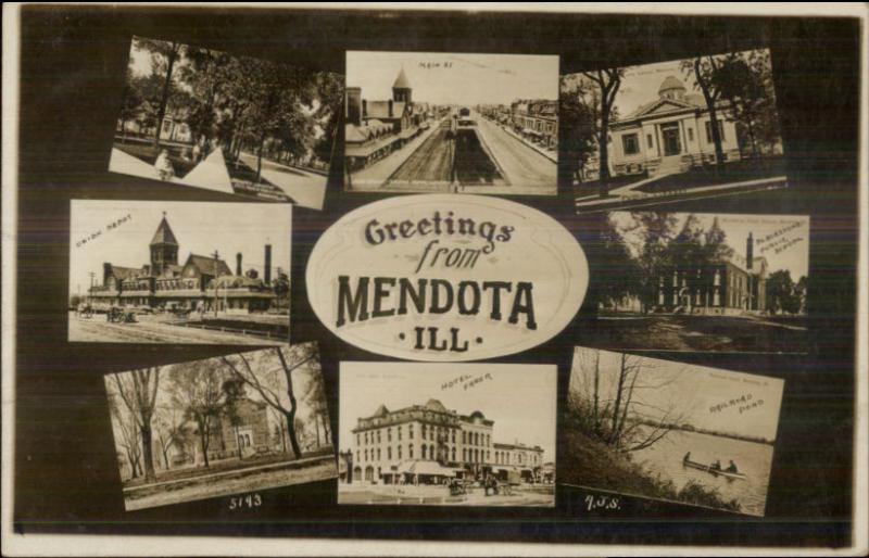 Mendota IL Multi-View Including RR Train Depot c1910 Real Photo Postcard