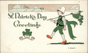 C Weaver St Patrick's Day Little Irish Boy with Flag c1910 Vintage Postcard