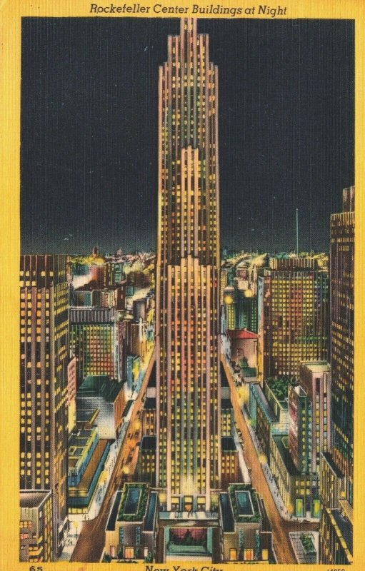 USA Rockefeller Center Buildings At Night New York City Linen Postcard 04.06