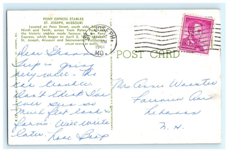 Pony Express Stables St Joseph Missouri MO Postcard (B33)