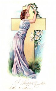 Easter  Beautiful Woman hanging Flowers on Cross