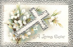 Vintage Postcard A Joyous Easter Crucifix White Flowers Silver Border Greetings