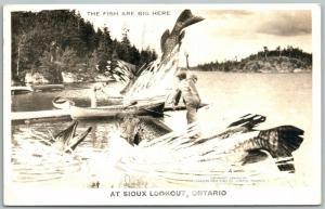 SIOUX LOOKOUT ONT. CANADA FISHING EXAGGERATED VINTAGE REAL PHOTO POSTCARD RPPC