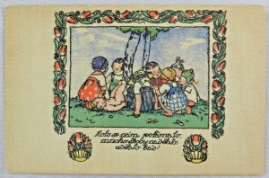 Children Gather Around Small Trees Singing Nursery Rhymes - Vintage Postcard
