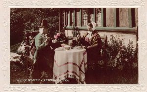 Welsh Women Afternoon Tea, Wales, Early Hand Colored Real Photo Postcard, Unused