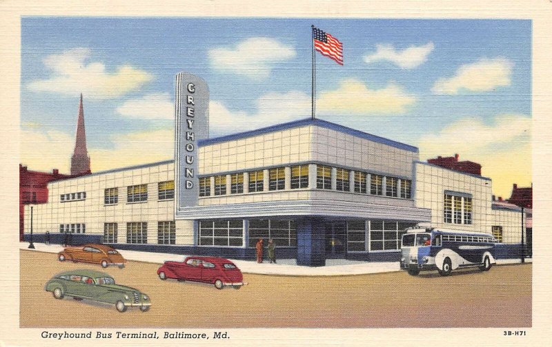 Greyhound Bus Depot Terminal Baltimore Maryland linen postcard